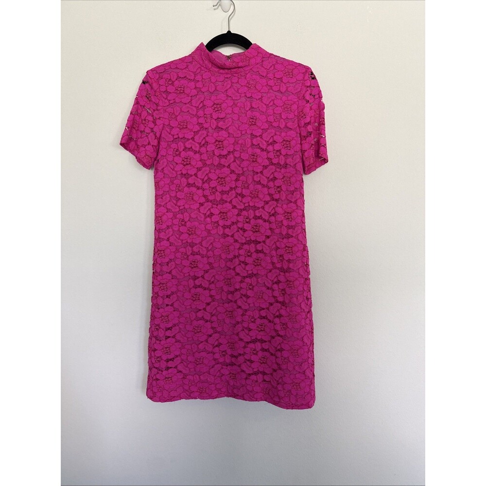 Trina Turk Pink Floral Lace Mock Neck Mini Dress Back Tear Drop Cut Out Small